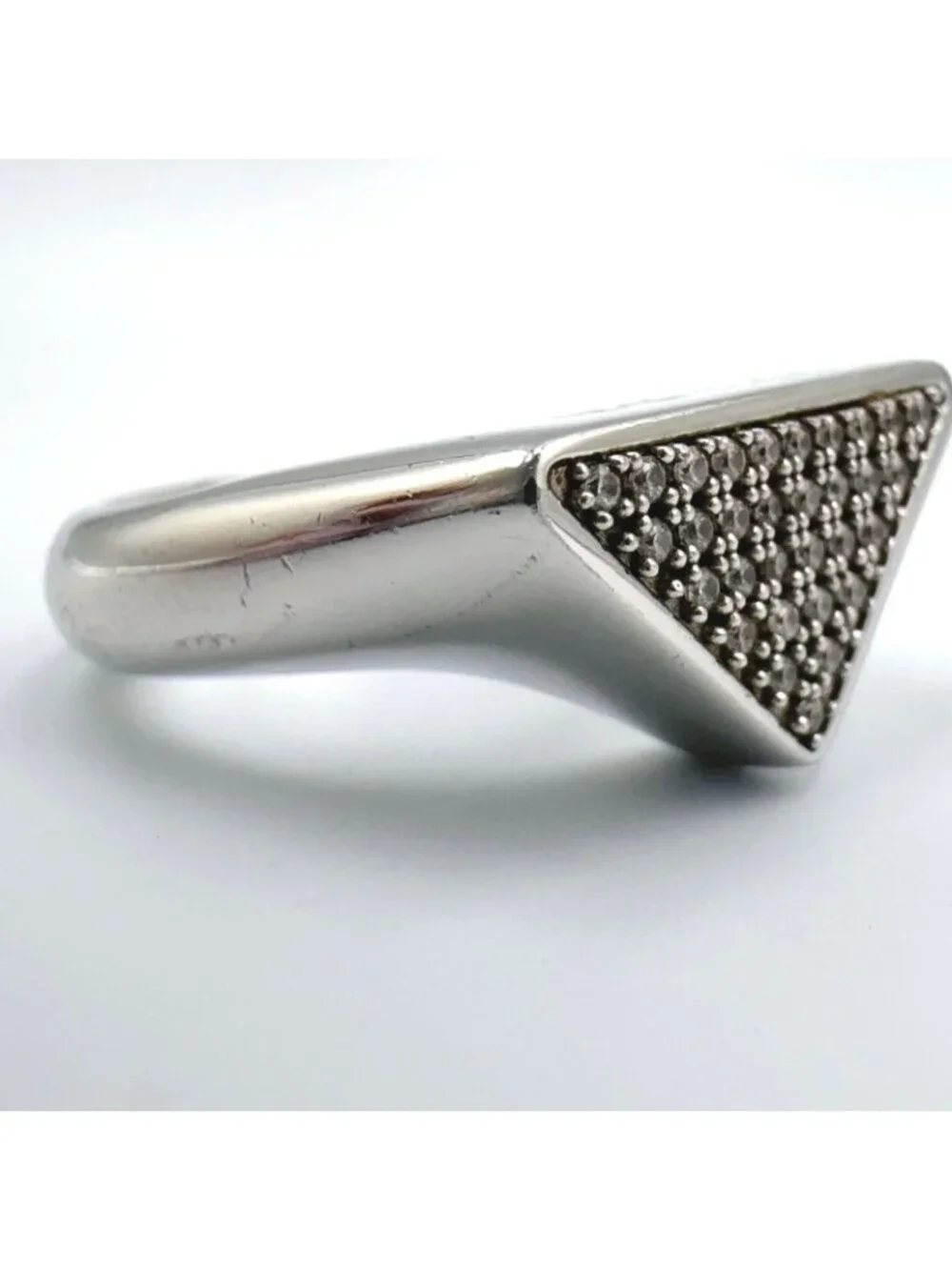 Prada Triangle Logo Pavestone Rhinestone 925 Sterling Silver Clear Ring